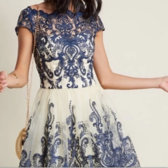 chi chi london embroidered dress Royal Blue Cotton Poplin A-Line Deep Neck Maxi Tier Dress 44